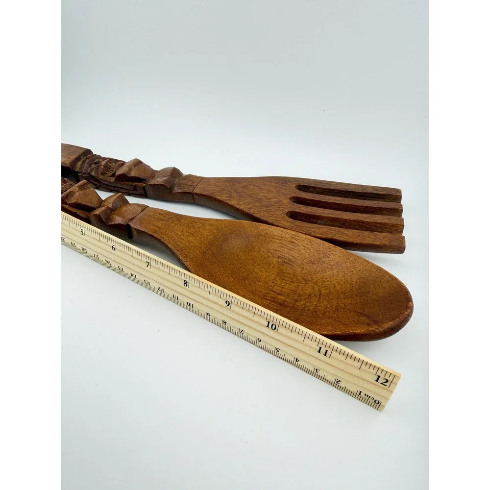 Vintage Hand Carved Wooden Tiki Salad Servers 12 Inch Wood Fork Spoon Set MCM